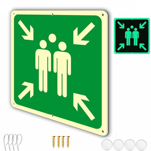 1 Panneau Point de Rassemblement Extérieur aluminium et Intérieur | Cm 30x30 Panneau photoluminescent Sortie de Secours (Ashoaza Autocollant Point de Rassemblement fluorescent)