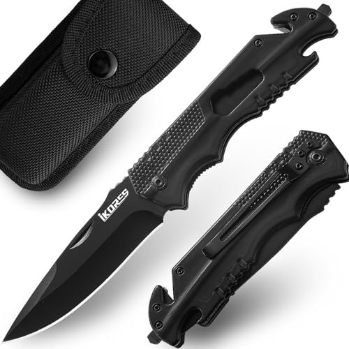 IKORES Taschenmesser (Zweihandmesser), Klappmesser mit Edelstahl-Griff und Taschenclip, 5-in-1 Edc Messer mit Nylonscheide, für Outdoor,Camping