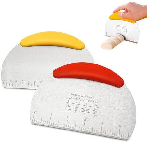 Geebymol 2Pcs Dough Scraper, Premium Stainless Steel Dough Cutter and Pizza Cutter with Measurement Guide, Multipurpose Bench Scraper for Cutting Bread with Non-Slip Handle,Kitchen Tools (Yellow+Red)