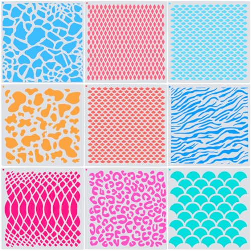 GORGECRAFT 9 Stil 15x15cm Schablonen Für Tierhaut Druck Leoparden Kuh Fischschuppen Und Tiger Druck Vorlagen Wiederverwendbar Waschbar Quadratischer Malschablonen Aus Kunststoff Schild Für Holzbod