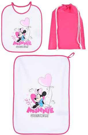 Disney Minnie Mouse Set Lätzchen und Serviette mit Beutel, 3-teilig, Rosa, Motiv Minnie Maus Sweetheart, Rosa, One size