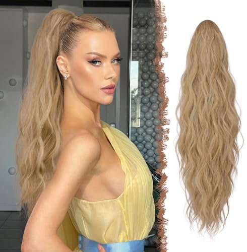 FESHFEN Extension Queue de Cheval avec Pince - Postiche Cheveux Naturel Ondulé Longue Ponytail Extensions Synthétique Fausse Rajout Postiches pour Femmes, 63 cm Blond Et Blond Cendré Mélangés