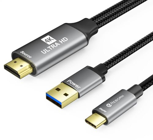 Reborn HDMI to USB C Cable Adapter [3FT 4K@60Hz], Uni-Directional HDMI (Source) to USB-C (Monitor) with USB Power for AR Glasses XREAL One、Air 2 Pro/VITURE Pro/RayNeo Air 2s,PS5,Portable Monitors