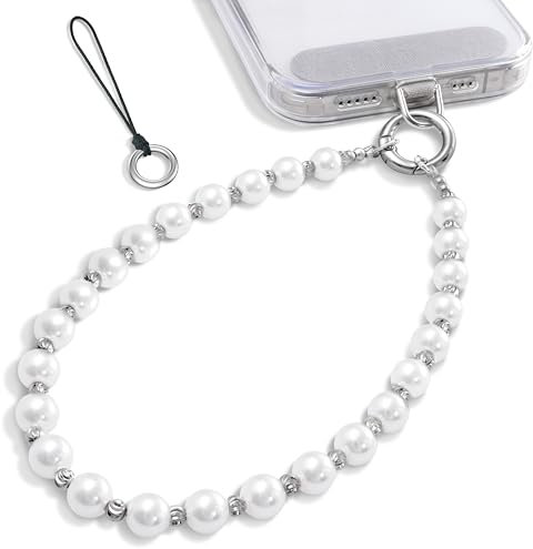 SURPHY Handykette Kunstperlen Kurz, Universal Handyanhänger Kunstperlen aus Glas, Handyband Phone Charm Handy Anhänger Handschlaufe Schlüsselband, Silber