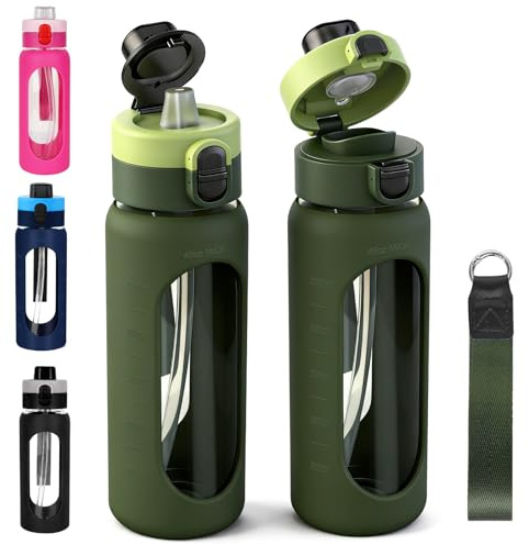 ANOTION 40OZ/1200ml Glass Water Bottle, Large Sports, Green | Dual-Drink Lid, Clear Leakproof with Straw, Motivational Jug, Silicone Sleeve and Time Marker, For Travel Gym