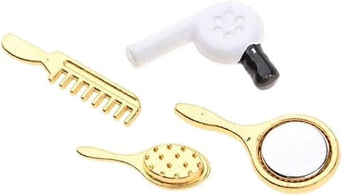 Miniature Comb, 4Pcs Hair Dryer Mirror Makeup Set Dollhouse Decorations Hair Dryer Dollhouse Mirror Miniature Bathroom Accessory