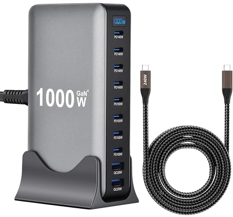 Station de charge de bureau GaN 4 1000 W 10 ports avec câble de données de 240 W 2 m – Compatible avec tablettes, téléphones, ordinateurs portables, consoles de jeu, casques
