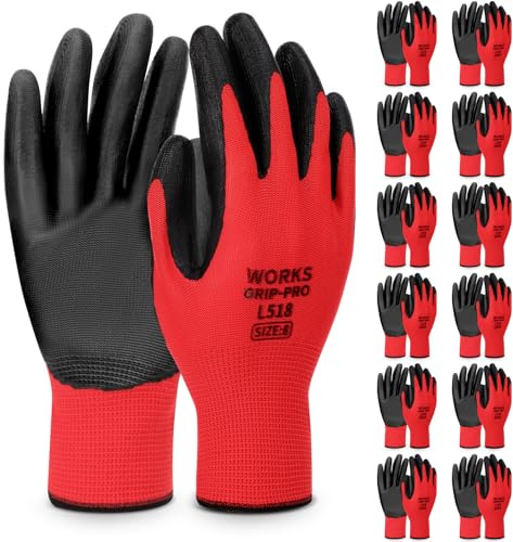 12 Pairs Safety Work Gloves with Good Grip, Red Construction Gloves | Nitrile Coated Builders Gloves for Construction Garden Engineering Logistics Warehouse Assembly Utilities Public Work (M-8)
