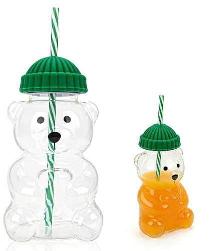 Wvu & Wvo Bear Cup, 2026 Bear Trinkbecher mit Deckel und Strohhalm, 600 ml Bär Tee Kaffee Juice Glass Cup, Süßes Bär Trinkglas aus Hochwertigem Glas, Gläser für Espresso Latte Milchtee Saft (1, Grün)