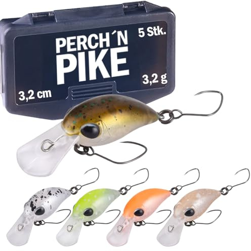 PERCH`N PIKE 5er Forellenköder Set mit Tackle-Box, 3,2cm I 3,2g auftreibende Mini Wobbler, Kunstköder für Forelle und Barsch, Angelzubehör in verschiedenen Dekoren für Raubfischangler