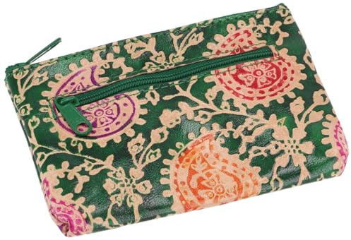 Kleiner Geldbeutel aus geprägtem Leder, Utensilo, praktisch, grün/bunt | Hochwertiges 100% Leder, zwei Reißverschlussfächer, ideal für Tagesgeld und wichtige Kleinigkeiten.