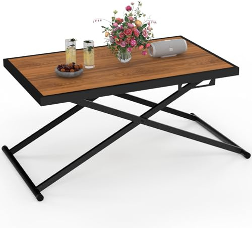 IDMarket - Höhenverstellbarer Gartentisch Olie (3 Stufen), 100 cm, aus schwarzem Metall mit Glasplatte in Holzoptik