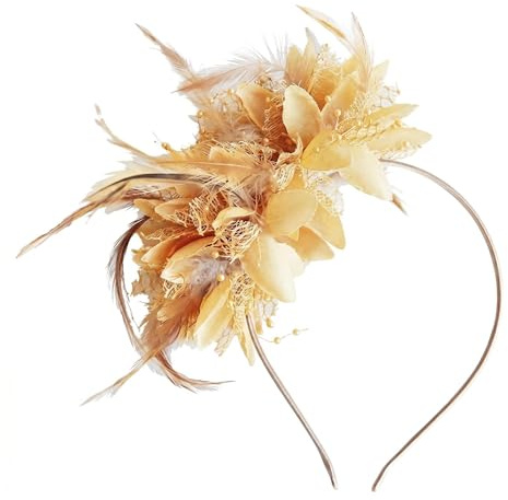 Feather Hair Fascinator Mesh Retro Feather Fascinator Headband Ladies Headdress Wedding Hat Headwear Hair Accessories for Women Girls Party Wedding Royal Ascot Races Prom Cocktail (Gold)