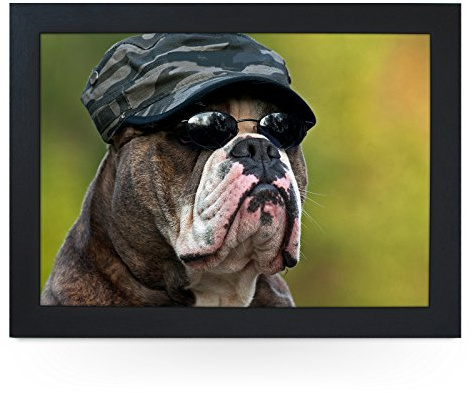 Portable Lap Desk Tray (Dressed Up Army Bulldog) Handmade Wooden Frame, Beanbag Cushioned Bottom | Computers, Laptops, Meals, Food | L0152 Black