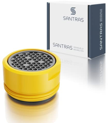 SANTRAS® Strahlregler M24x1 für jeden herkömmlichen Wasserhahn mit Siebeinsatz in Gelb – Mischdüse (Außengewinde 24 mm) mit Filtereinsatz, hochwertiger Dichtung und Luftmixer MADE IN GERMANY