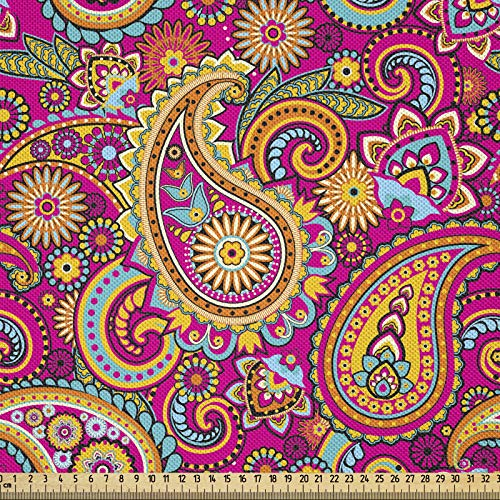 ABAKUHAUS Bunt Satin Stoff als Meterware, Asiatisch Paisley Ost, Zum Nähen Toller Stoff für Heimtextilien Aller Art, 3M (148x300cm), Magenta Hellorange