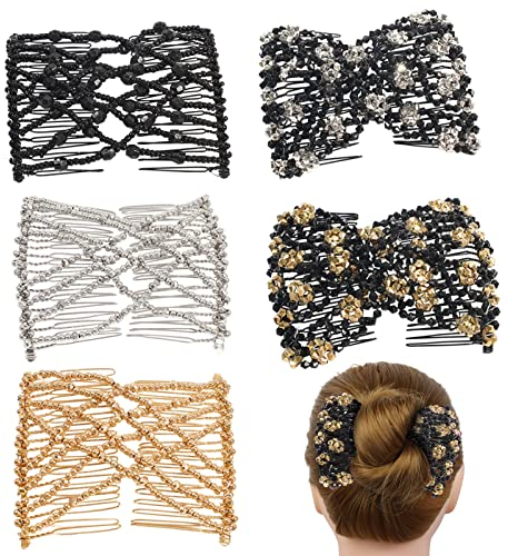 besbomig 5 Stücke Perlen Haarspange Stretch Haarkamm Elastisch Haar Klammern Dehnbar Kamm Haarnadeln für Damen Mädchen - Doppel Steckkamm Haarklamm Haarschmuck Damen DIY Haar Styling Werkzeug