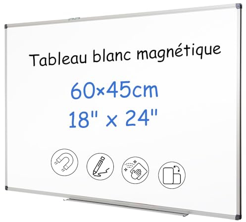 XIWODE Tableau Blanc Magnétique 60x45cm - Facile à nettoyer | Surface Aimantée Haute Puissance | Cadre Aluminium Professionnel | Avec Porte-Marqueurs et Kit de Fixation | Bureau | Maison | École