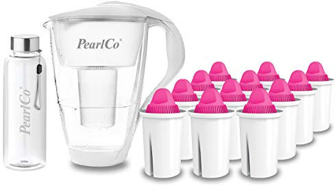 PearlCo - Glas-Wasserfilter (weiß) mit 12 Magnesium classic Filterkartuschen + 1 Trinkflasche aus Glas