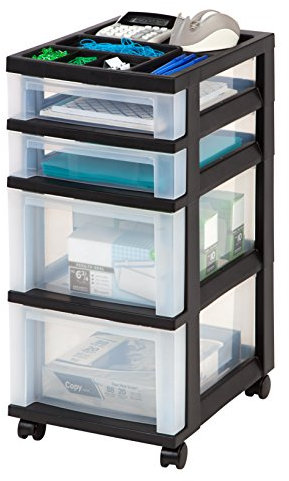 IRIS MC Kunststoff-Aufbewahrungsschublade, Rollwagen mit Organizer-Deckel, schwarz, 4 Drawer
