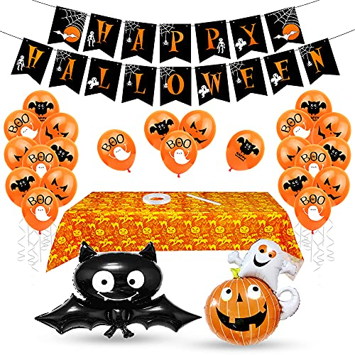 Halloween Party Deko Set, Folienballon Kürbis Schläger, Luftballons Orange Druck, Halloween Tischdecke, Happy Halloween Banner, Party Zubehör für Mottoparty Halloween Dekoration