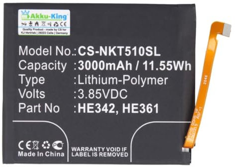 Akku kompatibel mit Nokia HE342, HE361 - Li-Polymer 3000mAh - für 5.1 Plus, 6.1 Plus, X5. TA-1109, X6 2018
