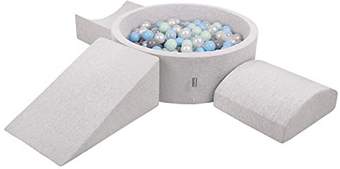KiddyMoon Spielplatz Aus Schaumstoff Mit Rund Bällebad (200 Bälle) Ballgruben Für Babys Spielbad Hindernisläufen, Hergestellt In Der EU, Hellgrau:Perle/Grau/Transparent/Babyblue/Minze