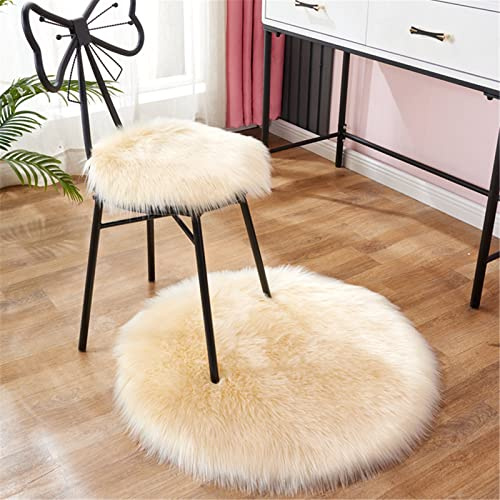 SWECOMZE Rund Faux Lammfell Sitzkissen, Schaffell Sitzauflage Longhair Fell Optik Nachahmung Wolle Sofa Matte Teppich (Beige,30 * 30cm)