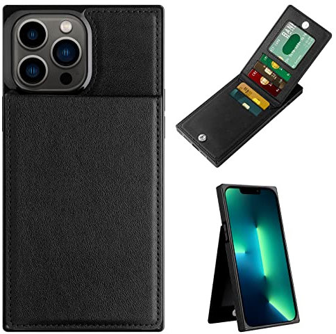 Aolcev for iPhone 13 Pro Max Case with Card Holder Wallet Case with Card Holder Flip Folio PU Leather Magnetic Closure Kickstand Square Shockproof Protective Case Cover for iPhone 13 Pro Max-Black