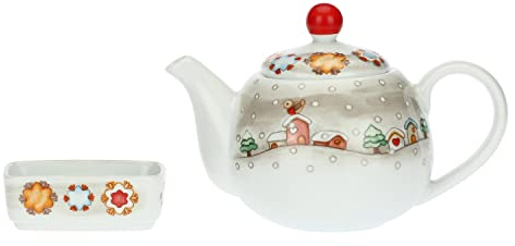 THUN - Set Teiera con Portabustine in Porcellana Decorata - Linea Regali d'inverno - Idea Regalo Natale 2022 - Teiera 23,5x14,5x16 H cm; 1.1 L