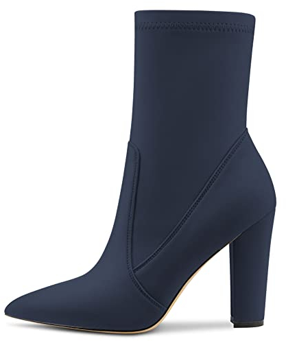Castamere Donna Chunky Blocco Alto High Tacco Heel a Punta Stivaletti Cerniera Slip-on Cute Dress da Matrimonio Feste Stivali 10 CM Blu Navy 38 EU