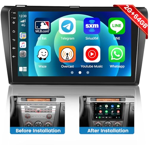 Hikity Carplay für Mazda 3 2006-2012 Android 15 Autoradio, 2GB+64GB, Android Auto Autoradio Bluetooth mit Bildschirm 9 Touchscreen FM RDS Radio GPS WiFi HiFi Canbus Rückfahrkamera Mic