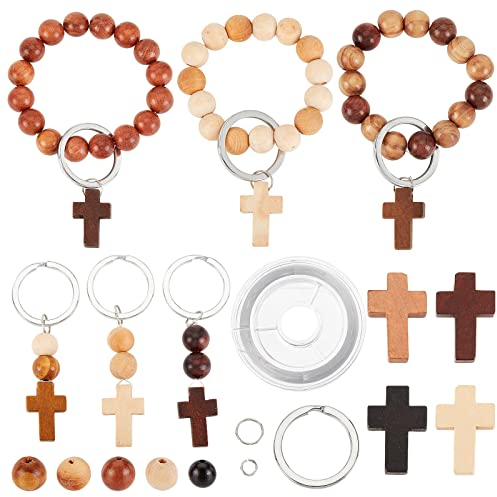 SUNNYCLUE 250 Stück Holz Kreuz Charms Holz Runde Perlen Unlackierte Holzperlen 10 mm Perlen Schlüsselanhänger Bastelset Mini Kreuz Charm Split Schlüsselanhänger Biegeringe Für Schlüsselanhänger Armbän