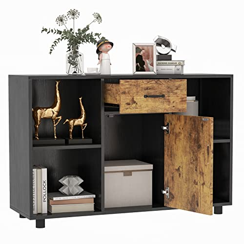 COSTWAY Sideboard mit Schublade, 4 offenen Fächern und 1 Tür, Küchenschrank Antikipp-Schutz, Buffet Schrank Vintage, Aufbewahrungsschrank für Küche, Esszimmer und Wohnzimmer