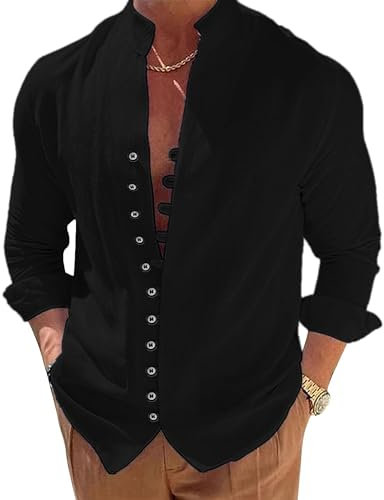 NANAMEEI Hemd Stehkragen Herren Leinen Hemden aus Baumwolle Stehkragen Langarmhemden mit Brusttaschen Button Down Freizeithemden Regular Fit Langarmshirt Schwarz XL