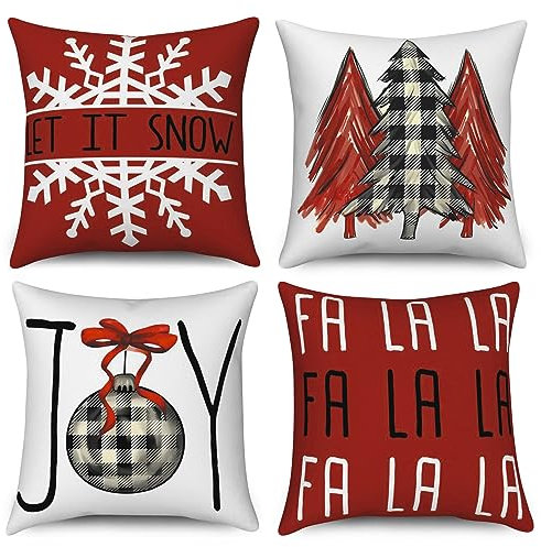 Hnmdmyi Kissenbezug Weihnachten 50x50 4er Set, Lassen Sie es Schneien Büffel Plaid Xmas Baum Freude Fa La La Bauernhof Winter Urlaub Dekorative Kissenbezüge Rot Leinen Kissenhülle für Sofa Home Decor