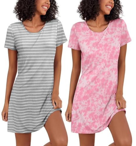 Ekouaer Ladies Nighties Cotton Nightdress Nightgowns 2 Pack Womens Summer Night Shirts Short Sleeve, Tie Dye+Stripe, M