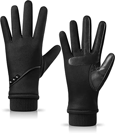 HOLDINA Handschuhe Damen Winter Warm, wasserdichte Handschuhe Damen mit Rutschfestem Leder, Handschuhe Damen Touchscreen mit Fleece Gefüttert zum Fahren, Laufen, Radfahren, Wandern (Schwarz-M)
