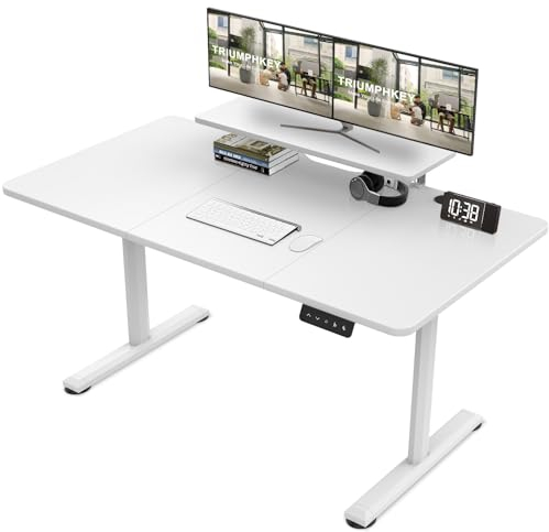 TRIUMPHKEY Bureau Assis Debout 140×60cm Bureau Hauteur Réglable Electrique,Blanc Ordinateur,Standing Desk,Table Assis Debout Idéal pour l'apprentissage et Les Jeux