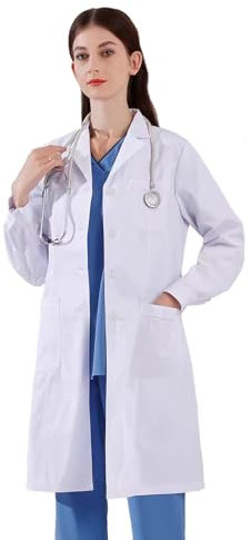 CoatCool Bata de Laboratorio Mujer, Blanca de Algodón, Manga Larga para Enfermera, Médico, Doctora, Estudiantes, Ciencia, Cosplay - Talla S