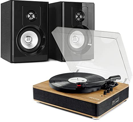 VONYX Fenton RP162LW Bluetooth Record Player SHF404B Active Bookshelf Speakers, Vinyl to MP3, Bluetooth Transmitter & Receiver, Light Wood Finish, 3-Speed Turntable Audio System