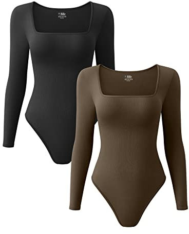 OQQ Body da Donna 2 Pezzi Maniche Lunghe Collo Quadrato Moderno e Elegante Body Casual e Stiloso Nero Caffè