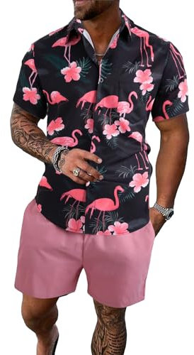 Floerns Ensemble deux pièces pour homme avec haut imprimé et short à cordon de serrage à la taille, Flamant rose multicolore, Large