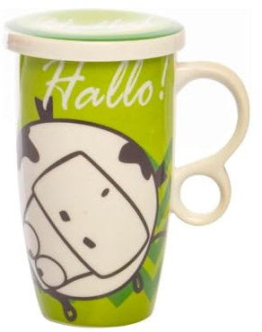 Avilia Taza infusionera con filtro para infusiones y té caliente – Infusión para té caliente, ideal para el invierno con decoración de vaca, de porcelana, 420 cc, blanco y verde
