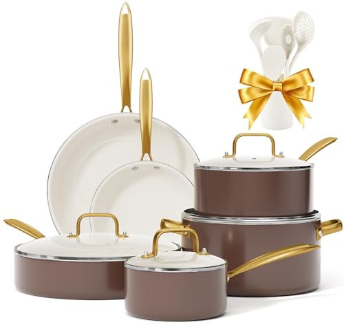 Kitchen Cookware Sets - VONIKI Ceramic Pots and Pans Set Non Stick with Cooking Utensils Set, Non Toxic Cookware Set Dutch Oven Pot with Lid Saucepan Set Sauté Pan Frying Pan Set for Cooking Gifts