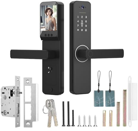 Splenssy Cerradura Inteligente Con Cámara Gran Angular de 120° y Timbre Inteligente, Cerradura De Puerta Con Huella Dactilar, Control Remoto App, Cerradura de Seguridad Wifi Para Puertas De Oficina,