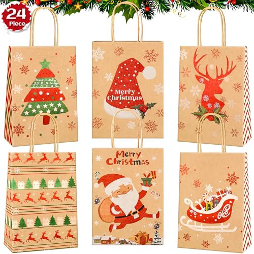 Gucass 24 Stück Geschenktüten Weihnachten, Weihnachtspapiertüten mit Griff Weihnachtstüten zum Befüllen, Kraftpapier Weihnachts Geschenktaschen mit Weihnachtsdruck und 1-24 Zahlenaufkleber