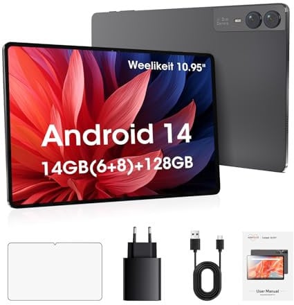 weelikeit Android 14 Tablet 10,95 Zoll, 14 GB (6 + 8) RAM 128 GB ROM, Octa-Core-Prozessor, 1200 x 1920 IPS FHD Incell-Bildschirm, GPS, WLAN, 5 MP + 13 MP Doppelkamera, Bluetooth, 7000 mAh Akku