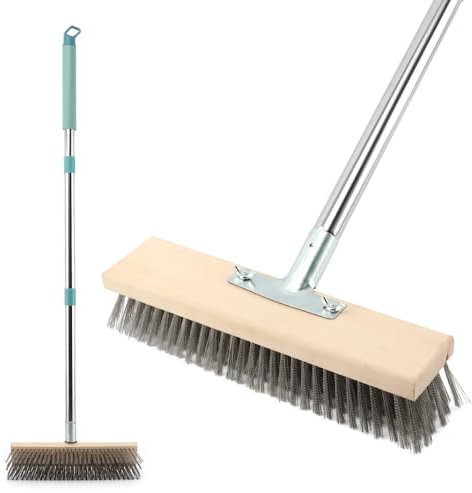 Stainless Steel Wire Broom, 63inch Metal Bristle Scrub Brush Broom with Long Handle, Detachable Stiff Metal Brush Tile Deck Cleaning Scrub Brush for Garden Garage Patio(As shown)