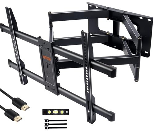 WHYFONE TV Wall Bracket Mount for 50-90 Inch TVs, Long Reach TV Wall Bracket with 765mm Articulating Dual Arms, Heavy Duty Full Motion TV Wall Mount up to 75KG, Max VESA 600x400mm, HDMI Cable Included